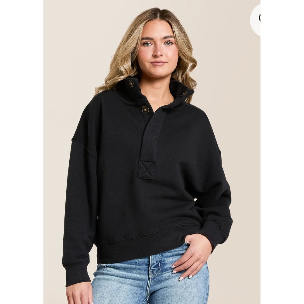 Free People We The Free Timeless Black Mock Neck Button Pullover Sweatshirt Sm